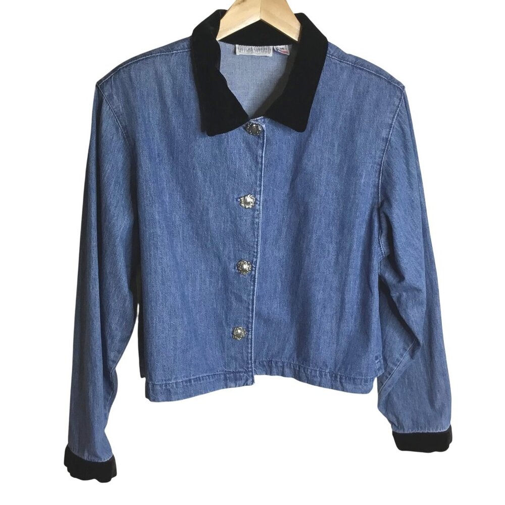 VTG GOTCHA COVERED Denim Jacket Accio Velvet Collar Cuffs Ornate Buttons USA 14